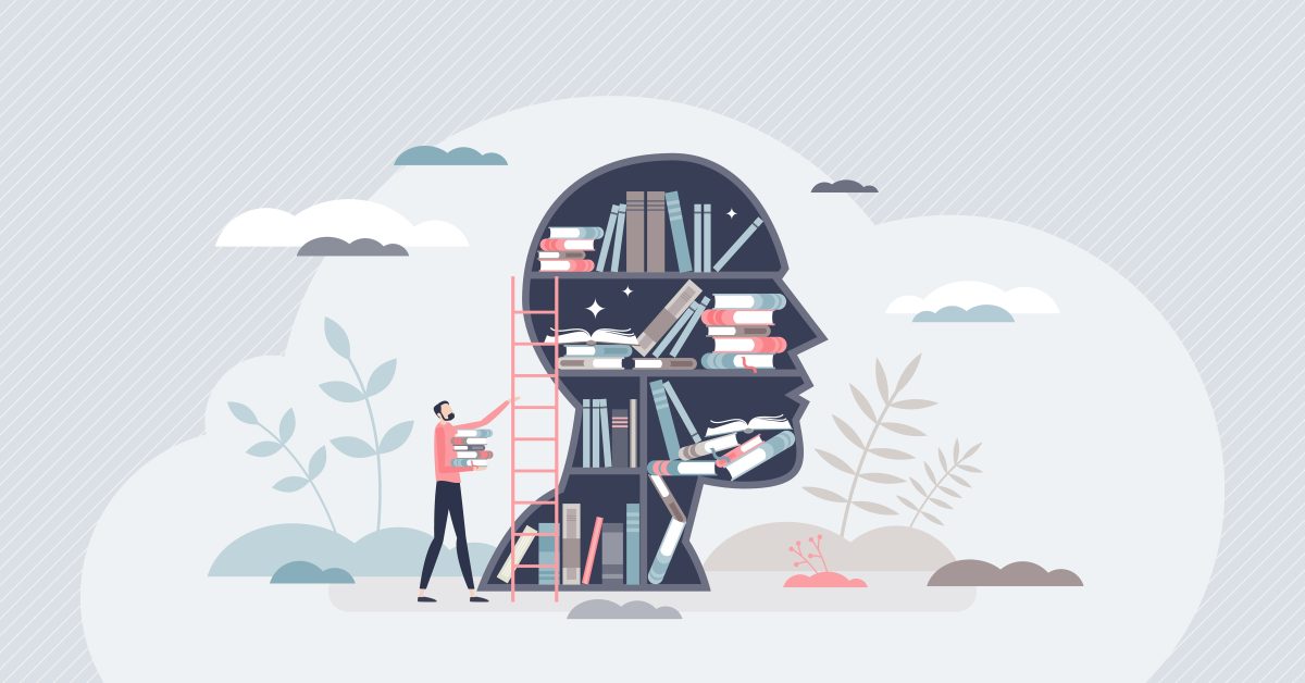 Cartoon showing man shelving books in his mind