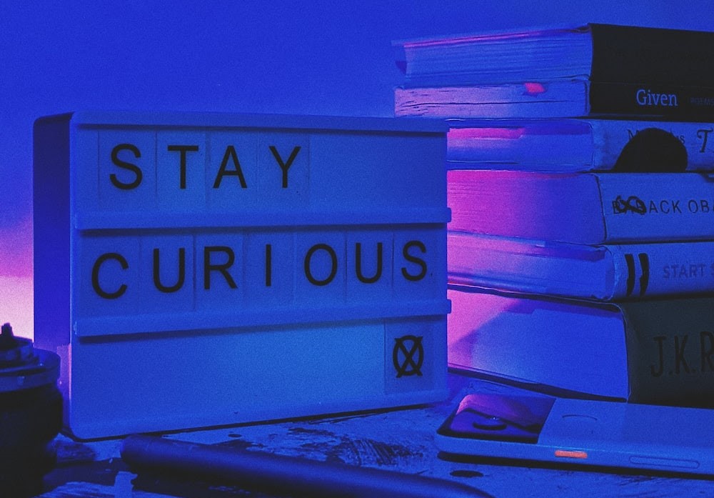 Stay curious typed on light board sitting on desk