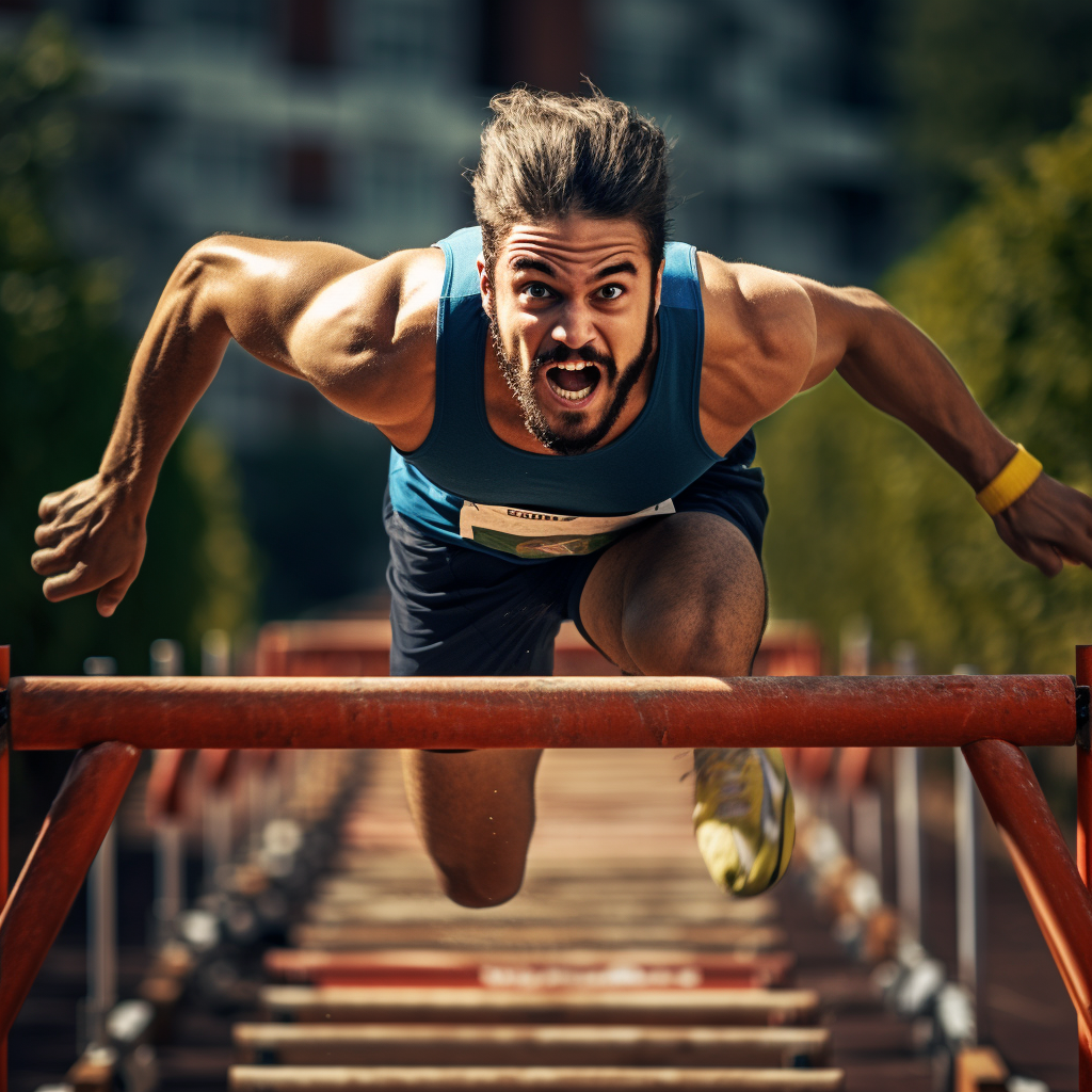 Determined man jumping over a wooden hurdle