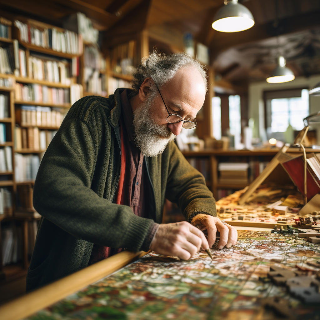 An older gentleman working on a jigsaw puzzle while surrounded by books